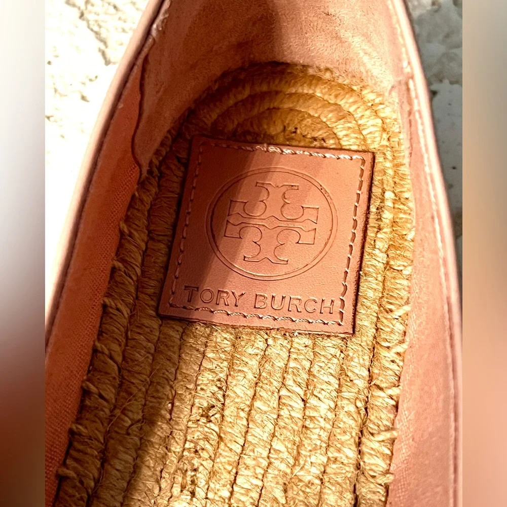 Tory Burch Ines Leather Espadrilles Sea Shell Pink Silver, Size 7